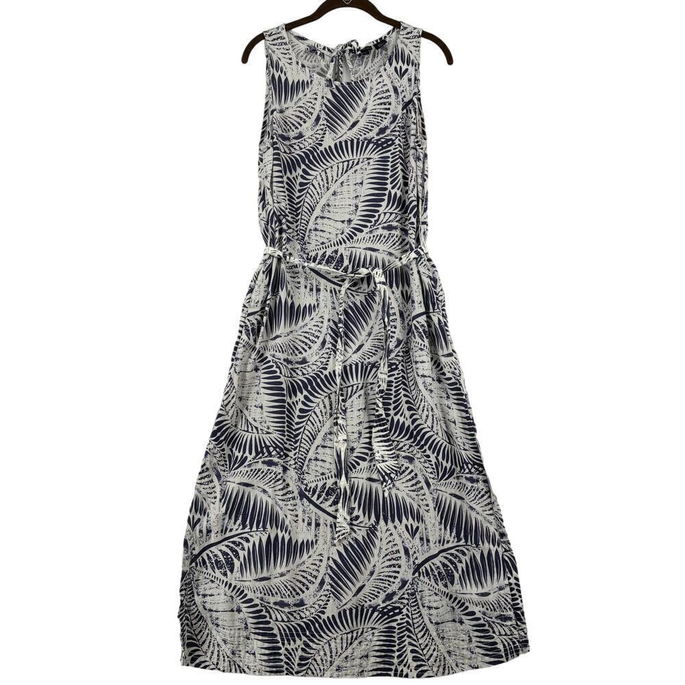 Tahari Belted Maxi Dress Luxe Linen Womens Size S Blue White Tropical Palm Print